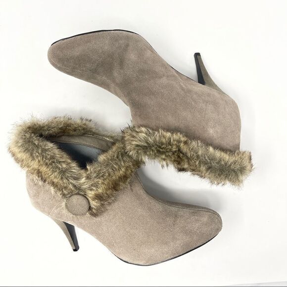 Vintage AVON Pull On Booties Taupe Suede Faux-Fur Heeled Women’s Size 10 - Picture 5 of 9